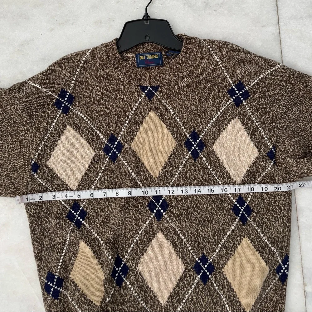 VTG Gulf Traders Sweater Brown Argyle Cotton Mens M Grandpa Preppy Professor